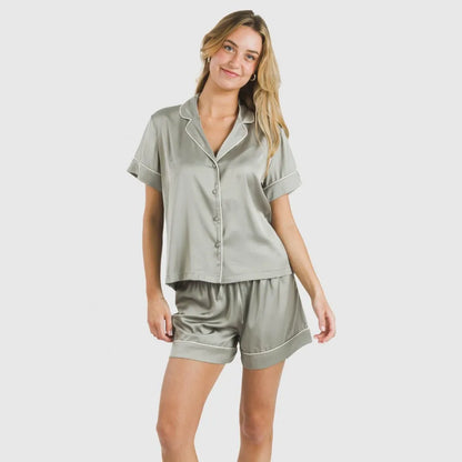 Pijama curto de cetim liso de manga curta para sexta-feira