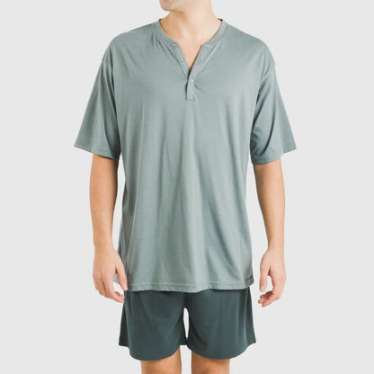 Pijama curto masculino com botões, azul claro - verde escuro