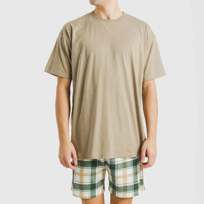 Pijama curto masculino de algodão, estampa xadrez areia Noric