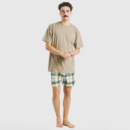Pijama curto masculino de algodão, estampa xadrez areia Noric
