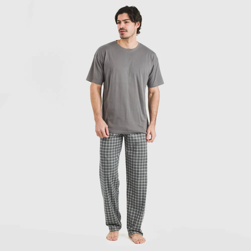 Pijama masculino Roberto xadrez cinza, manga curta e longa, em algodão.