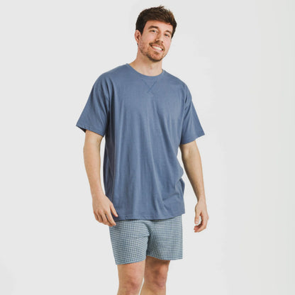 Pijama curto masculino de algodão, xadrez azul Kike