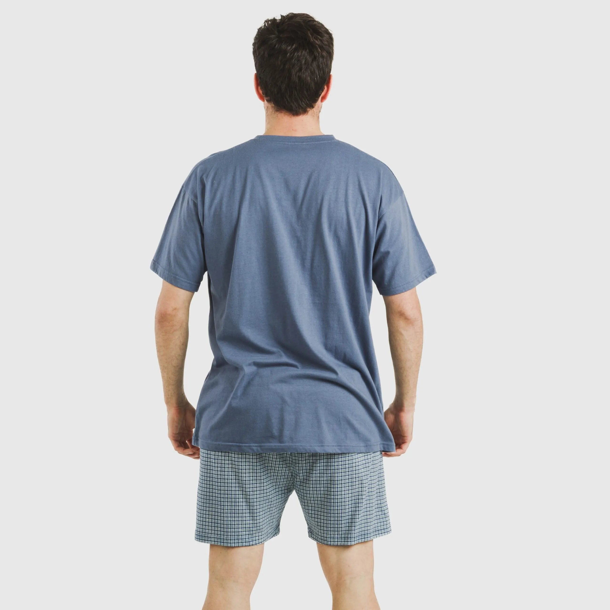 Pijama curto masculino de algodão, xadrez azul Kike