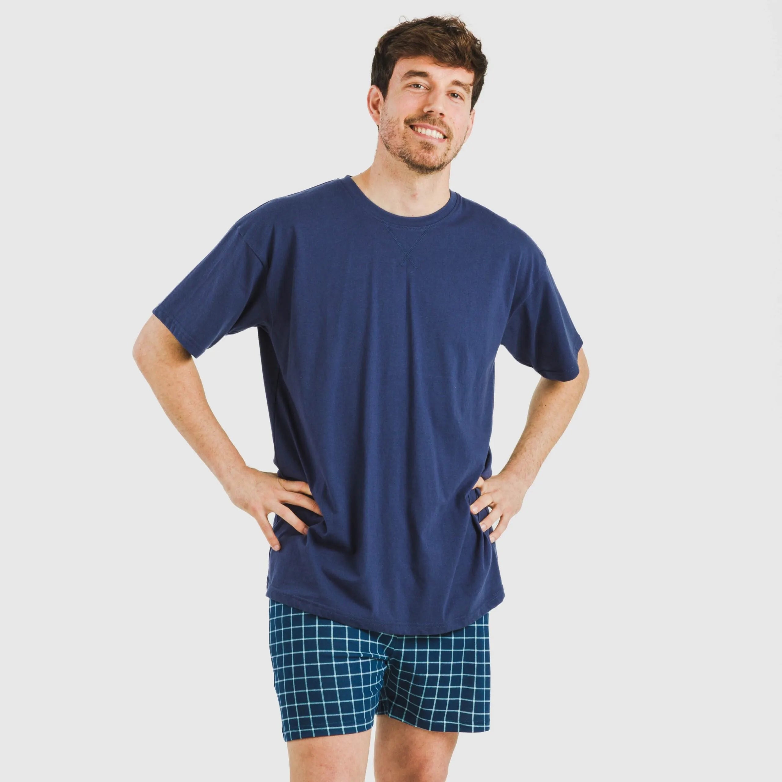 Pijama curto masculino de algodão, xadrez azul Edesia