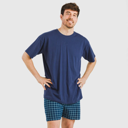 Pijama curto masculino de algodão, xadrez azul Edesia