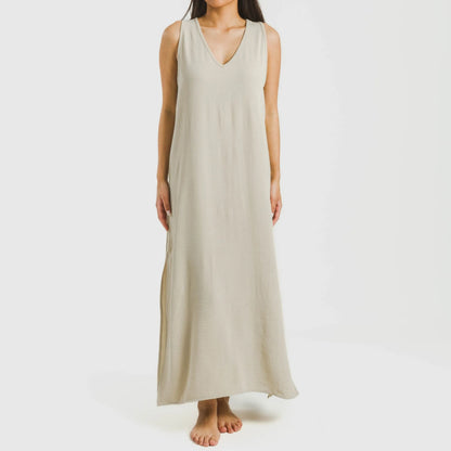 Vestido longo de alças finas em musselina de algodão lisa.