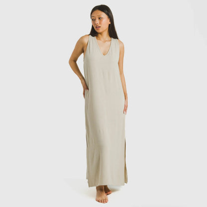 Vestido longo de alças finas em musselina de algodão lisa.