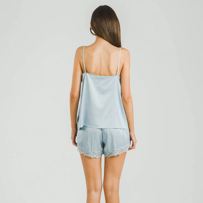 Pijama feminino de cetim com suspensórios, liso, sexta-feira