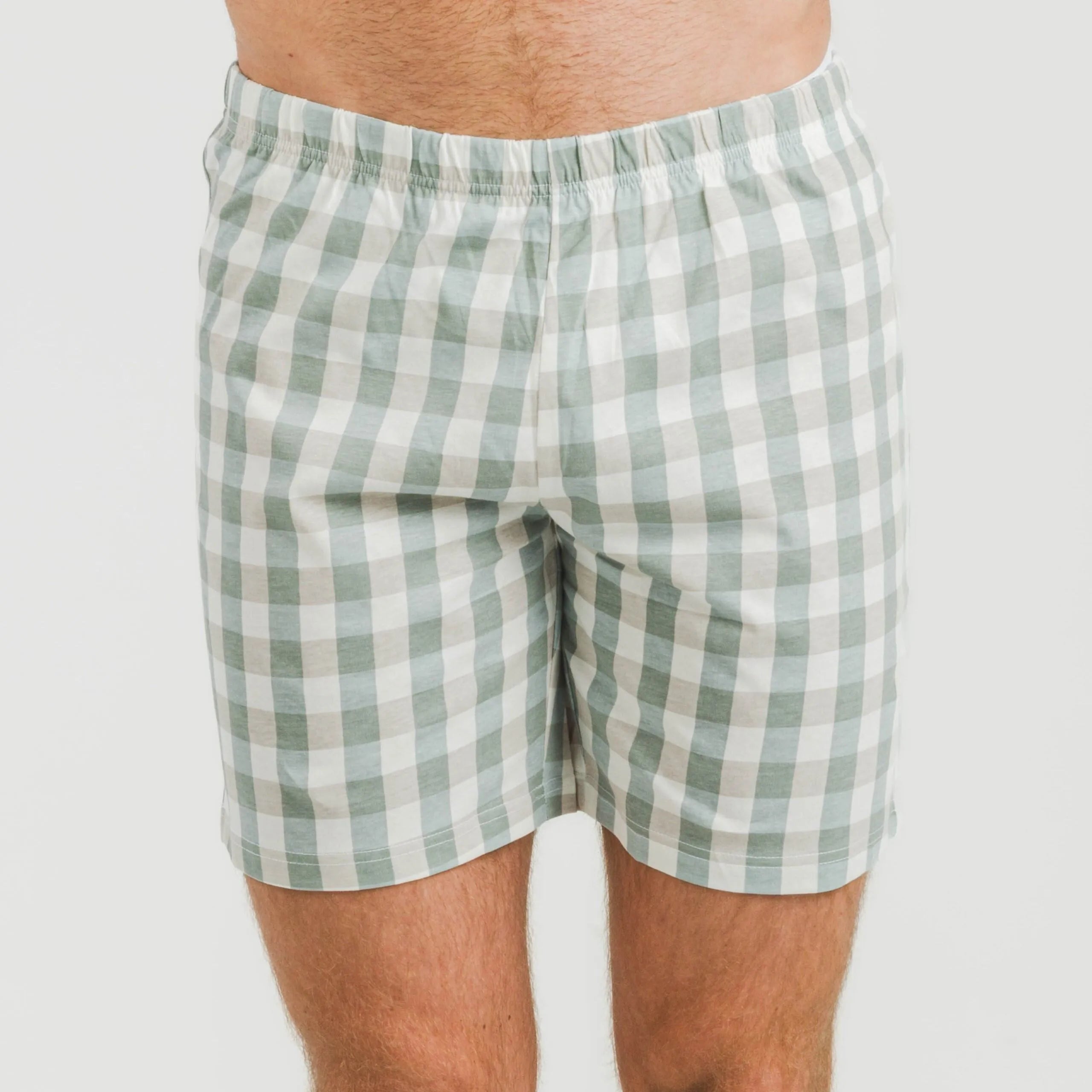 Pijama curto masculino de algodão, xadrez poliéster verde-azulado, azul esverdeado