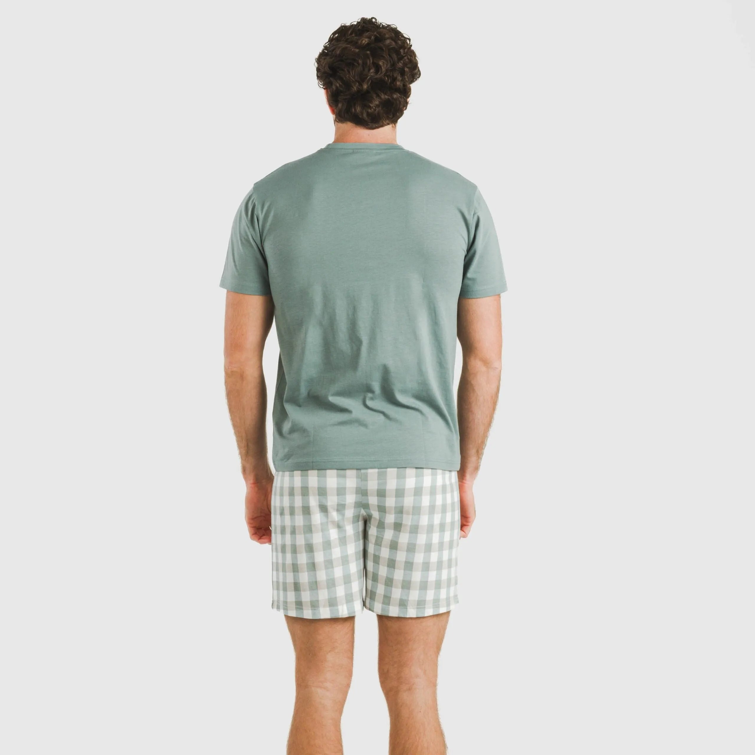 Pijama curto masculino de algodão, xadrez poliéster verde-azulado, azul esverdeado