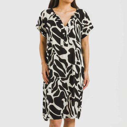 Vestido curto Teudis bege e preto de viscose com mangas fluidas