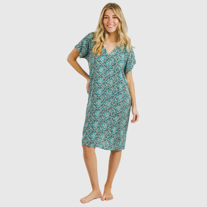 Vestido de viscose de manga curta em tecido fluido, cor Malura aquamarine.