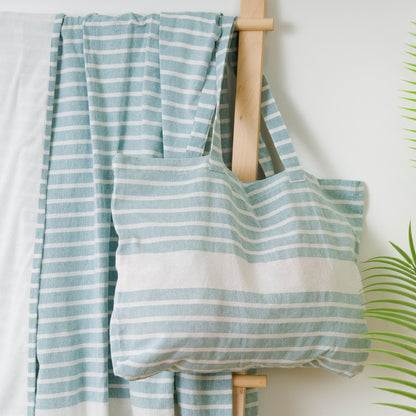 Conjunto de toalha pareô + bolsa de algodão listrada