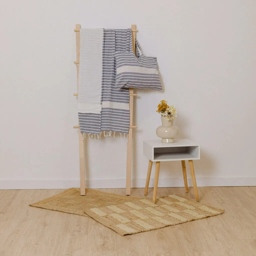 Conjunto de toalha pareô + bolsa de algodão listrada