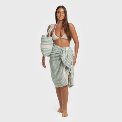 Conjunto de toalha pareô + bolsa de algodão listrada