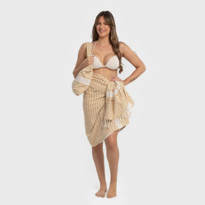 Conjunto de toalha pareô + bolsa de algodão listrada