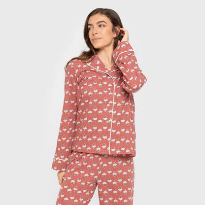 Pijama feminino longo estilo camisa em algodão na cor calêndula marsala.
