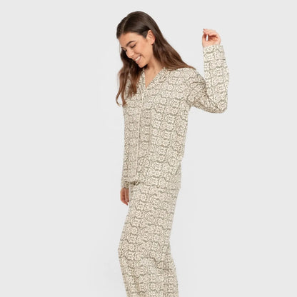 Pijama feminino Matilde, modelo camisa longa de algodão, verde estilo caça.