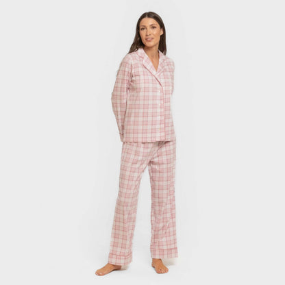 Pijama feminino longo estilo camisa de algodão, estampa xadrez rosa Moni