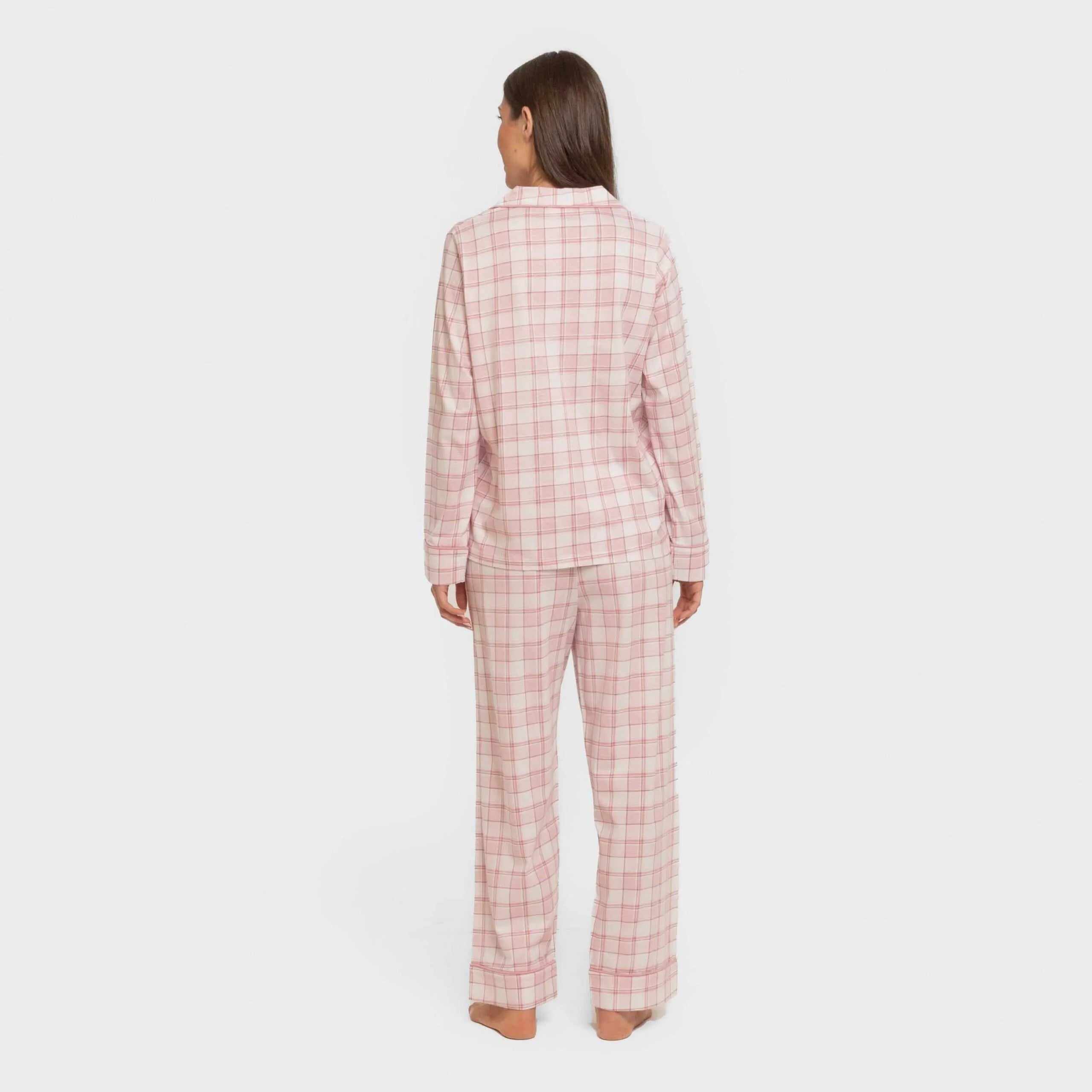 Pijama feminino longo estilo camisa de algodão, estampa xadrez rosa Moni