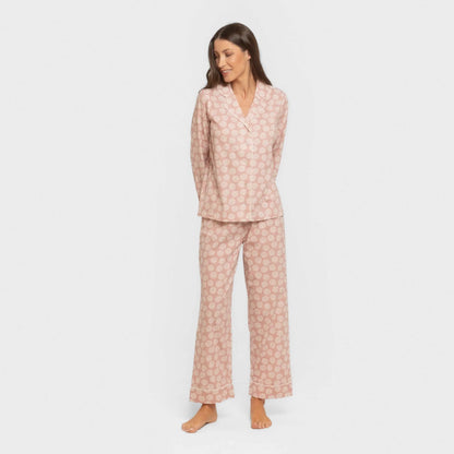 Pijama feminino longo estilo camisa de algodão, rosa Medusa