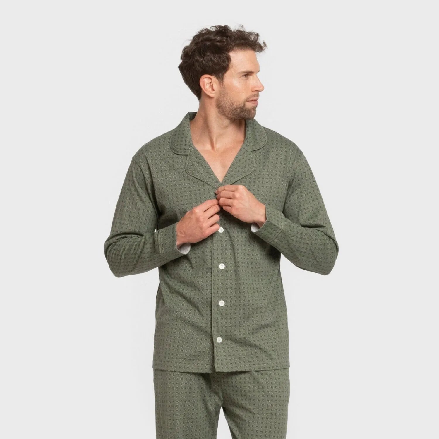 Pijama masculino longo estilo camisa de algodão, cor verde-caça.