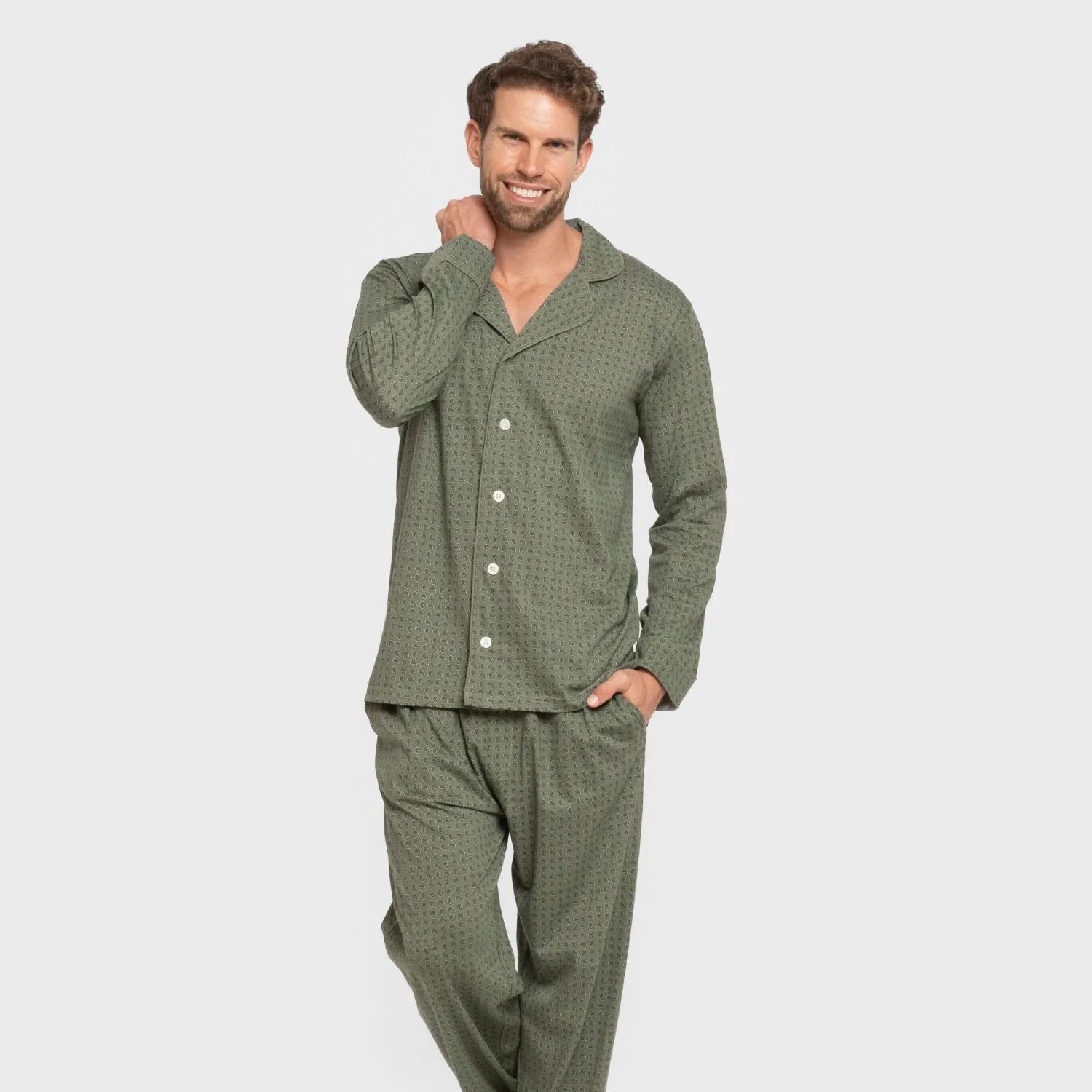 Pijama masculino longo estilo camisa de algodão, cor verde-caça.