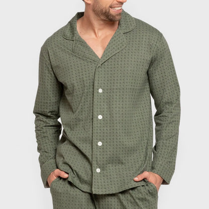 Pijama masculino longo estilo camisa de algodão, cor verde-caça.