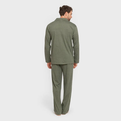 Pijama masculino longo estilo camisa de algodão, cor verde-caça.