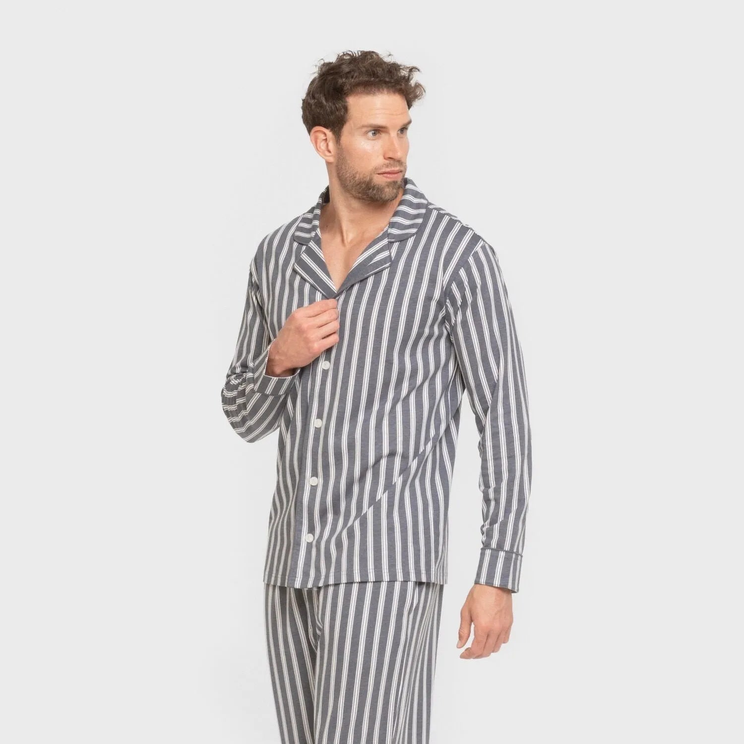 Pijama masculino longo estilo camisa de algodão, listrado Marseille, índigo
