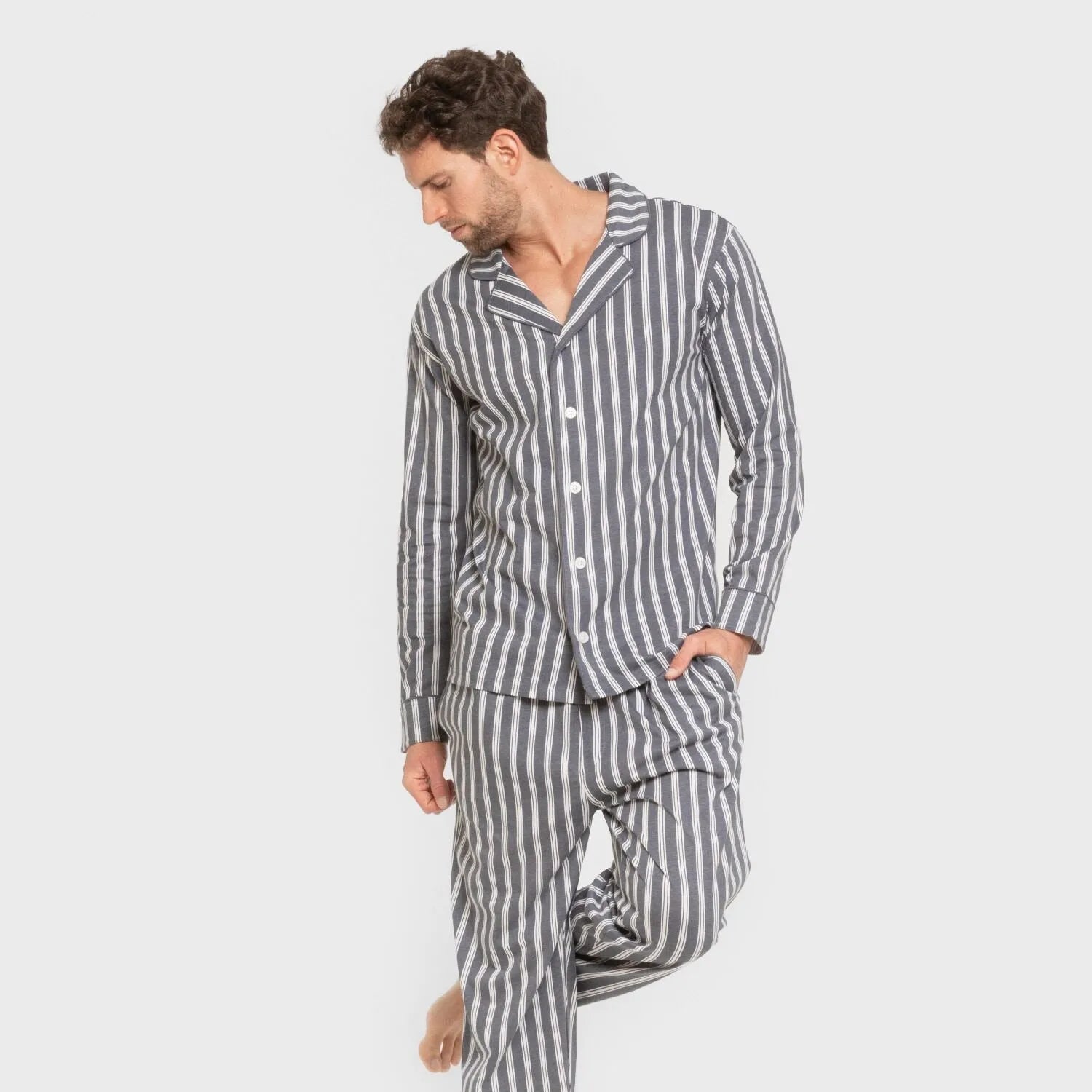 Pijama masculino longo estilo camisa de algodão, listrado Marseille, índigo