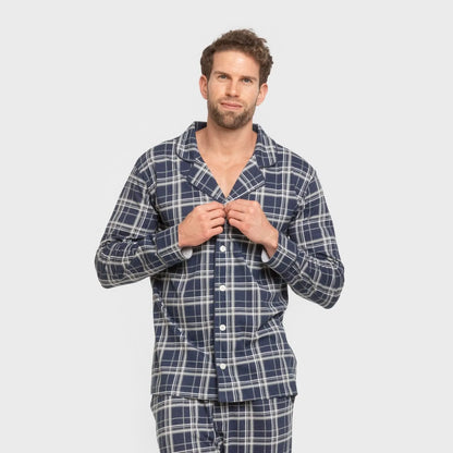 Pijama masculino comprido estilo camisa, xadrez azul.