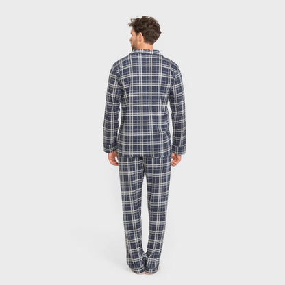 Pijama masculino comprido estilo camisa, xadrez azul.