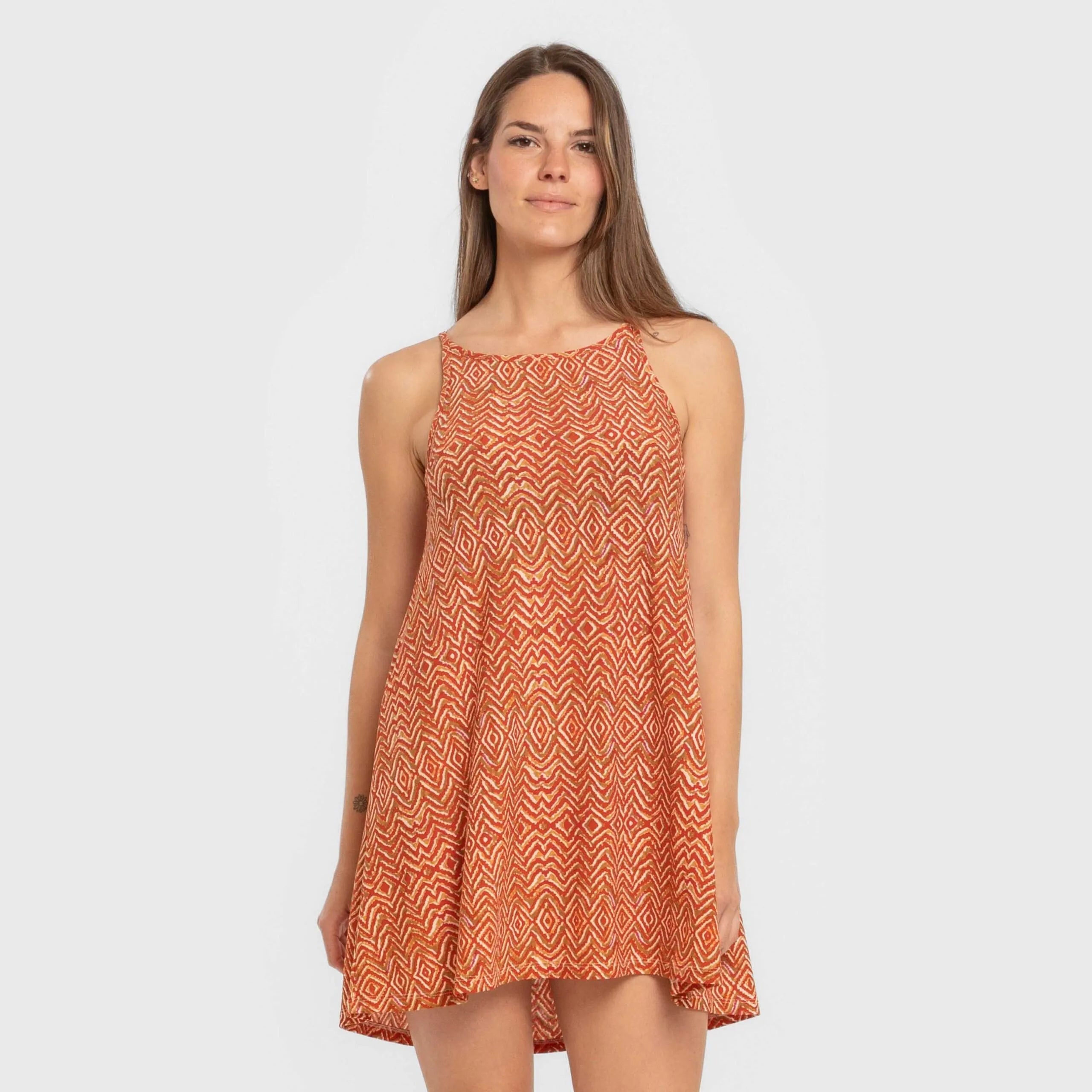 Vestido curto Silda em crepe com alças, cor azulejo