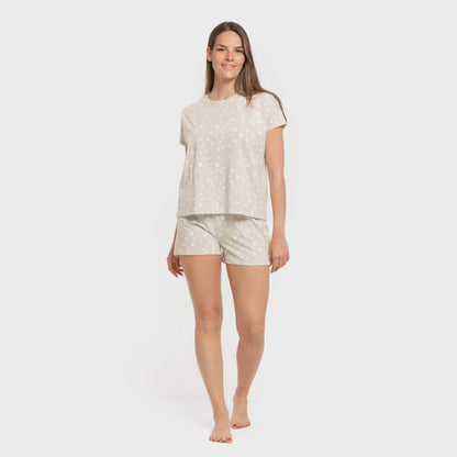 Pijama feminino de algodão com mangas curtas, estampa de estrelinhas, cinza.