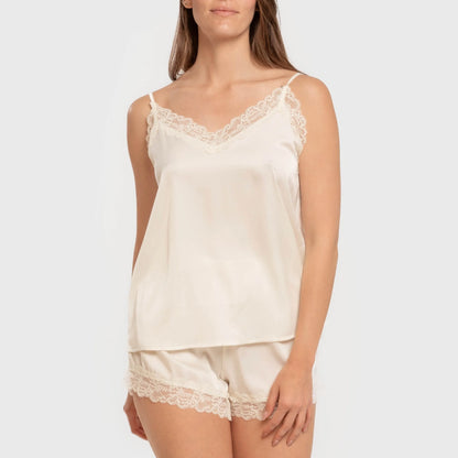 Pijama feminino de cetim com suspensórios, liso, sexta-feira