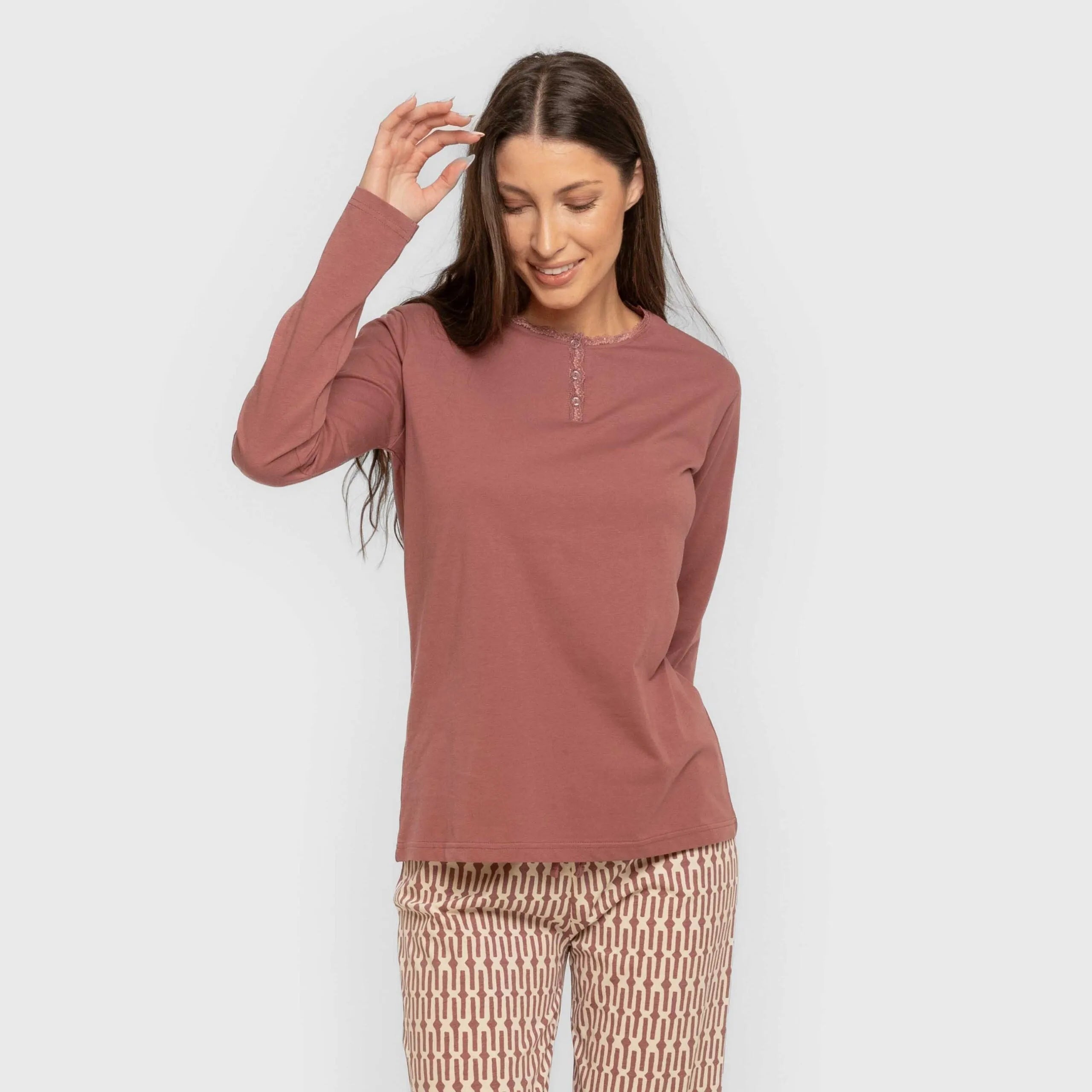 Pijama comprido de algodão, eucalipto, malva, rosa