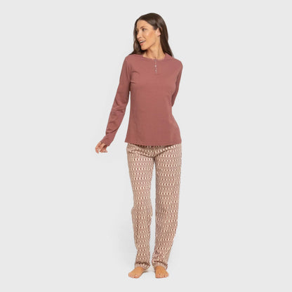 Pijama comprido de algodão, eucalipto, malva, rosa