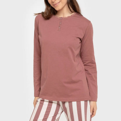 Pijama comprido de algodão, com listras estilo Elvis, rosa malva