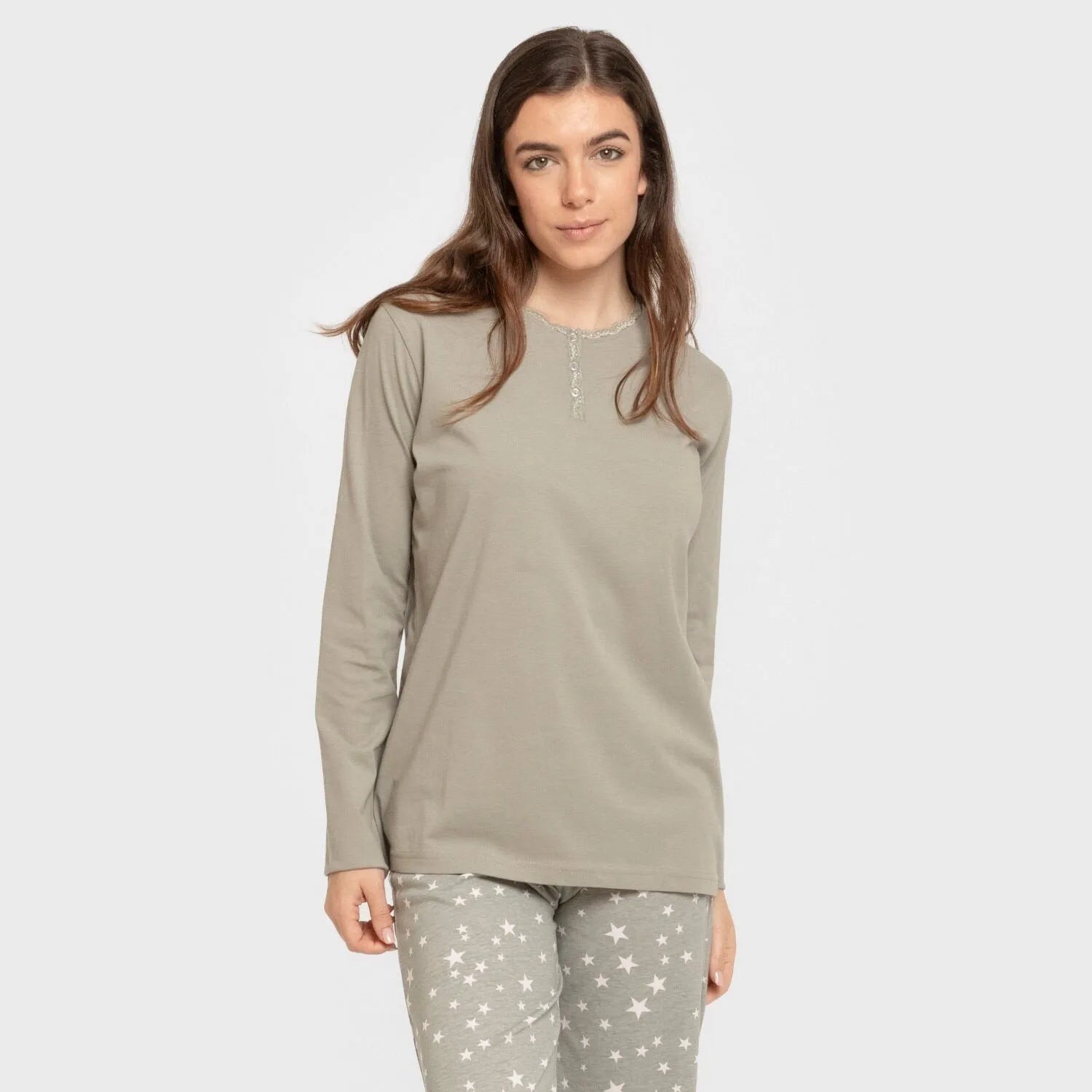 Pijama comprido de algodão, estrelinha, verde seco