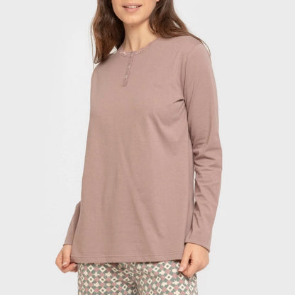 Pijama comprido de algodão, beringela cor narciso, seco