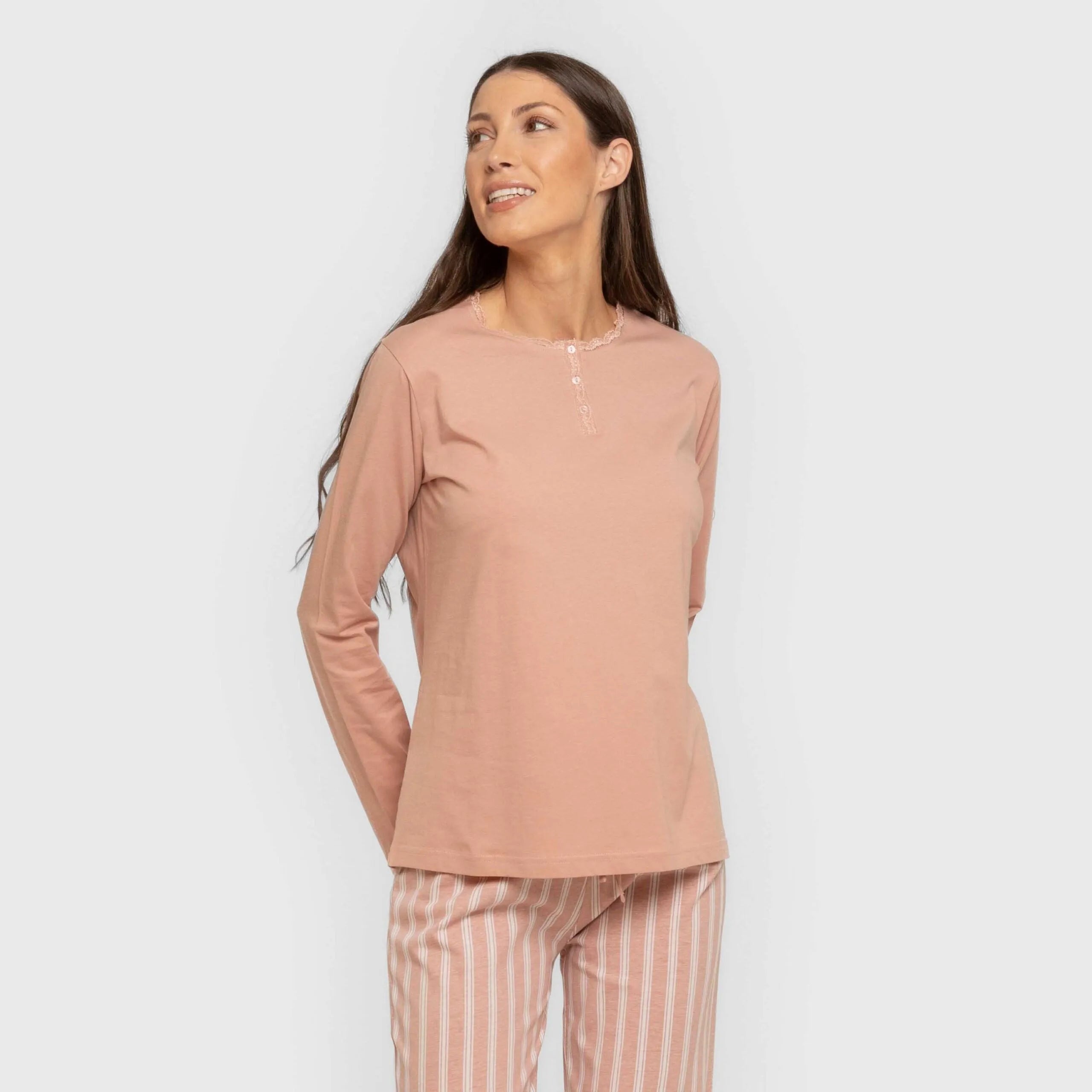 Pijama longo de algodão, listra Marselha, rosa, keike