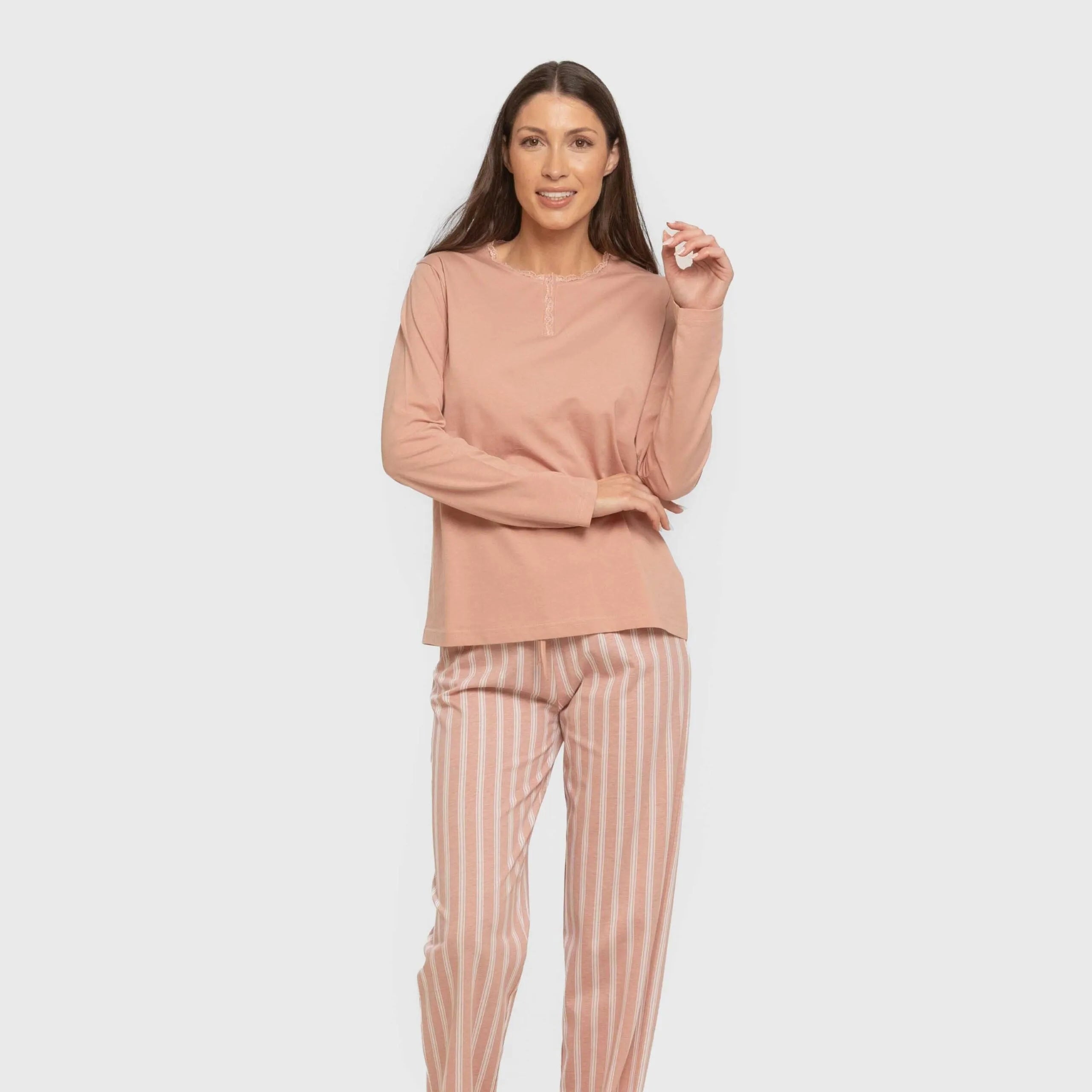 Pijama longo de algodão, listra Marselha, rosa, keike