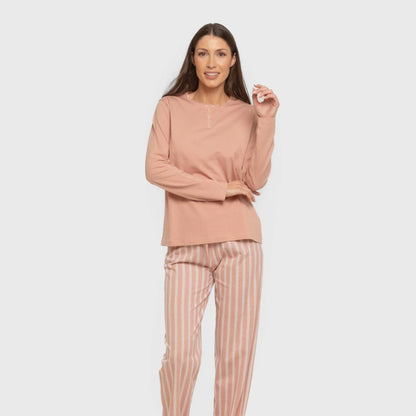 Pijama longo de algodão, listra Marselha, rosa, keike