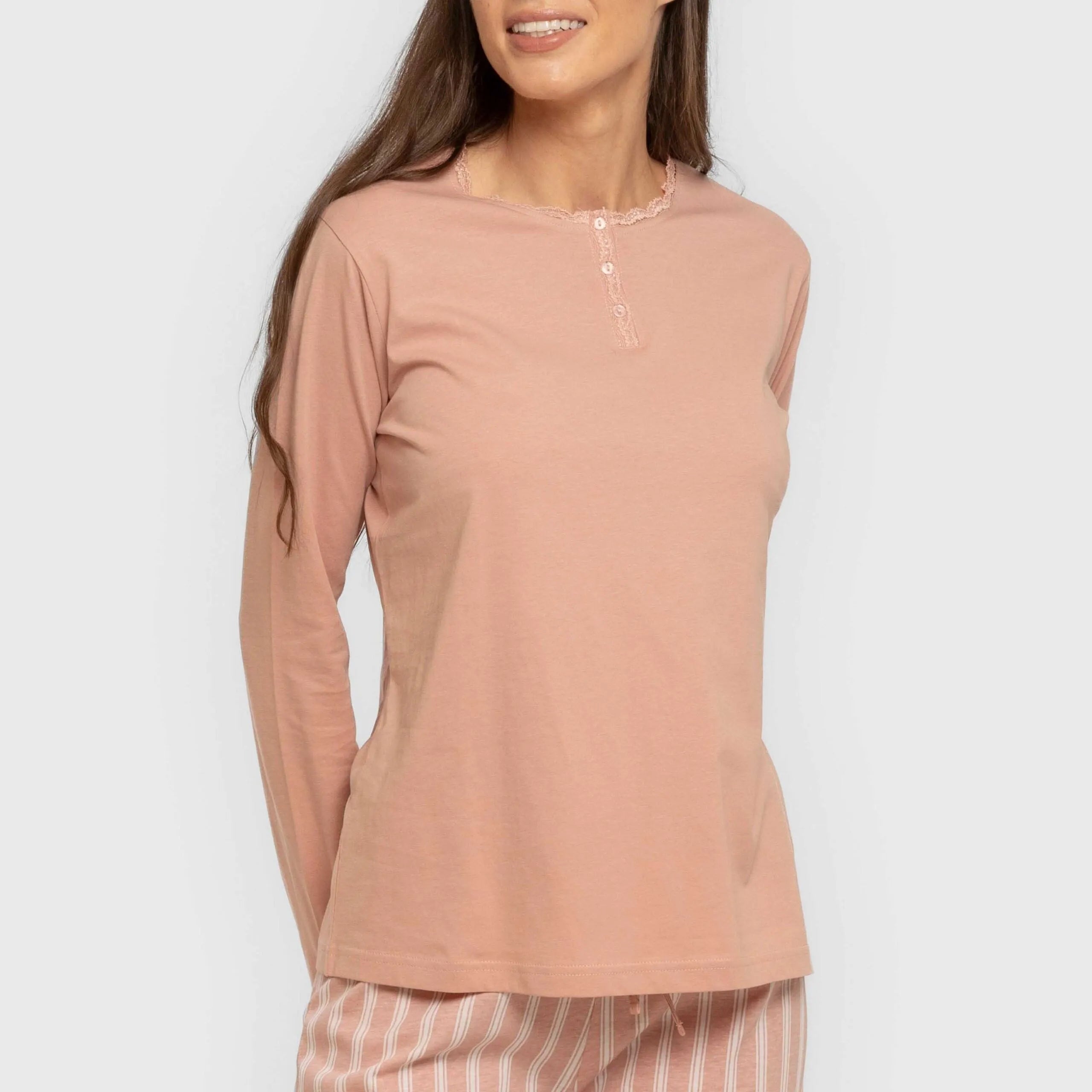 Pijama longo de algodão, listra Marselha, rosa, keike