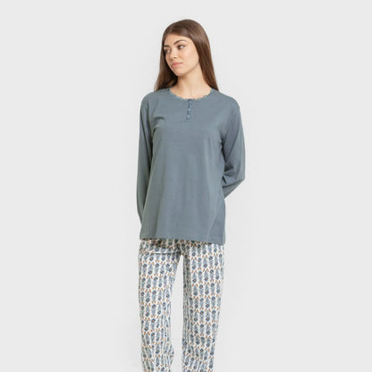 Pijama comprido de algodão cor hibisco azul-turquesa