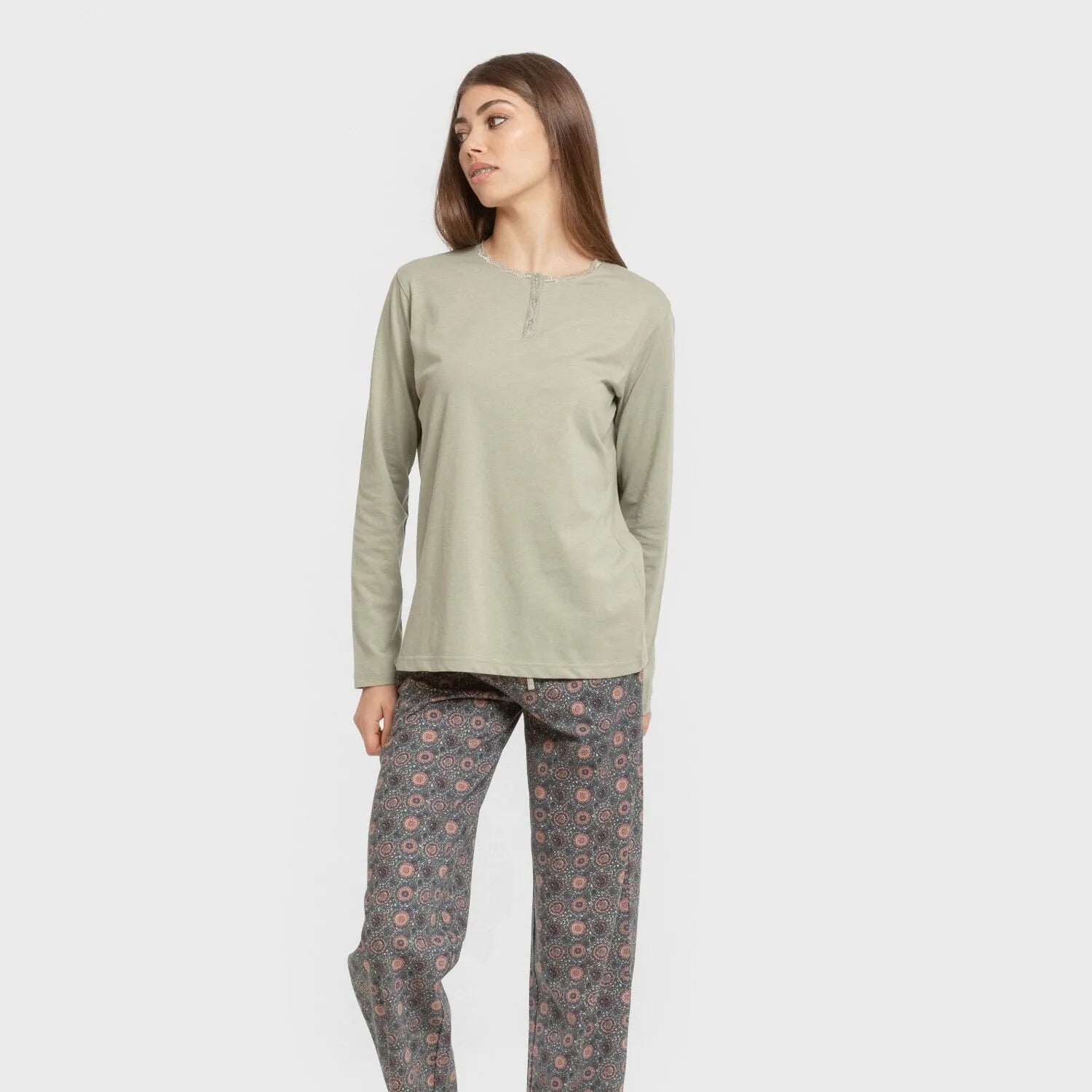 Pijama comprido Gabi de algodão verde claro