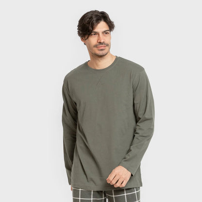 Pijama comprido masculino de algodão, xadrez verde andino para caça.