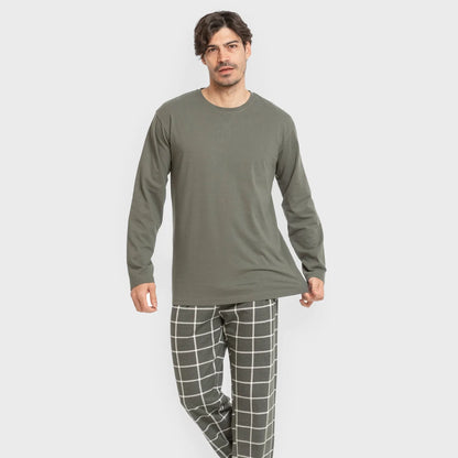 Pijama comprido masculino de algodão, xadrez verde andino para caça.