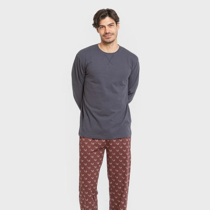 Pijama comprido masculino de algodão, estampa de esquilos azul marinho